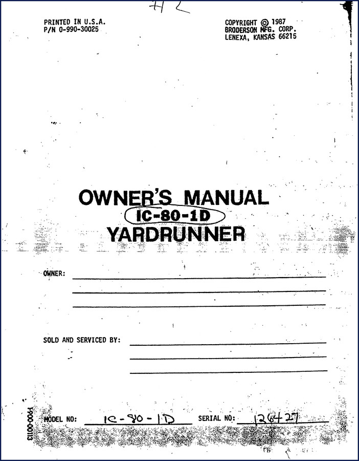 Broderson IC-80-1D 1987 Operators Manual factory cover sheet