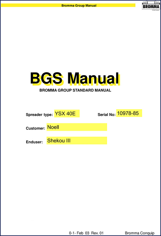 Bromma YSX 40E 2003 Technical Manual cover with spreader diagram and part callouts