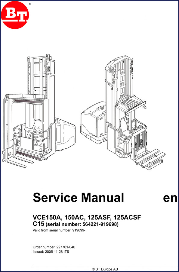 BT VCE150A 2005 service manual cover showing forklift model