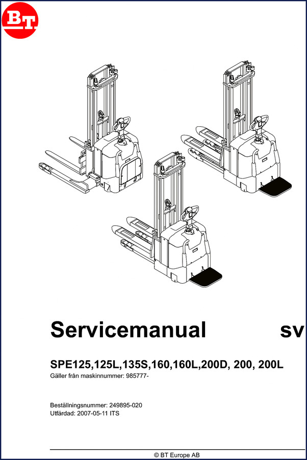 BT SPE125 SPE160 SPE125L SPE135S SPE160L 2006 Service Manual cover