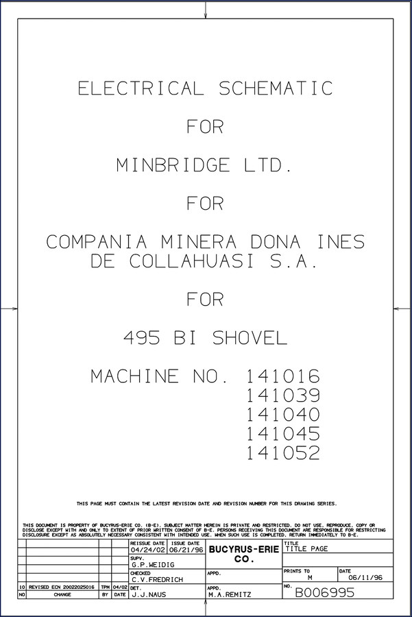 Bucyrus-erie 495 1996 Electrical Schematic factory OEM wiring diagram cover