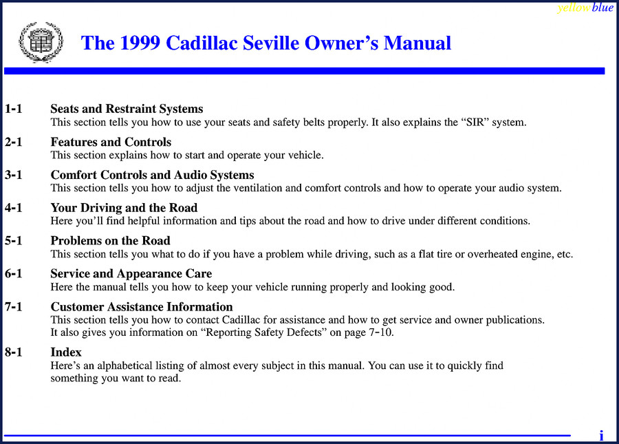 1999 Cadillac Seville User Manual cover – OEM factory owner’s documentation