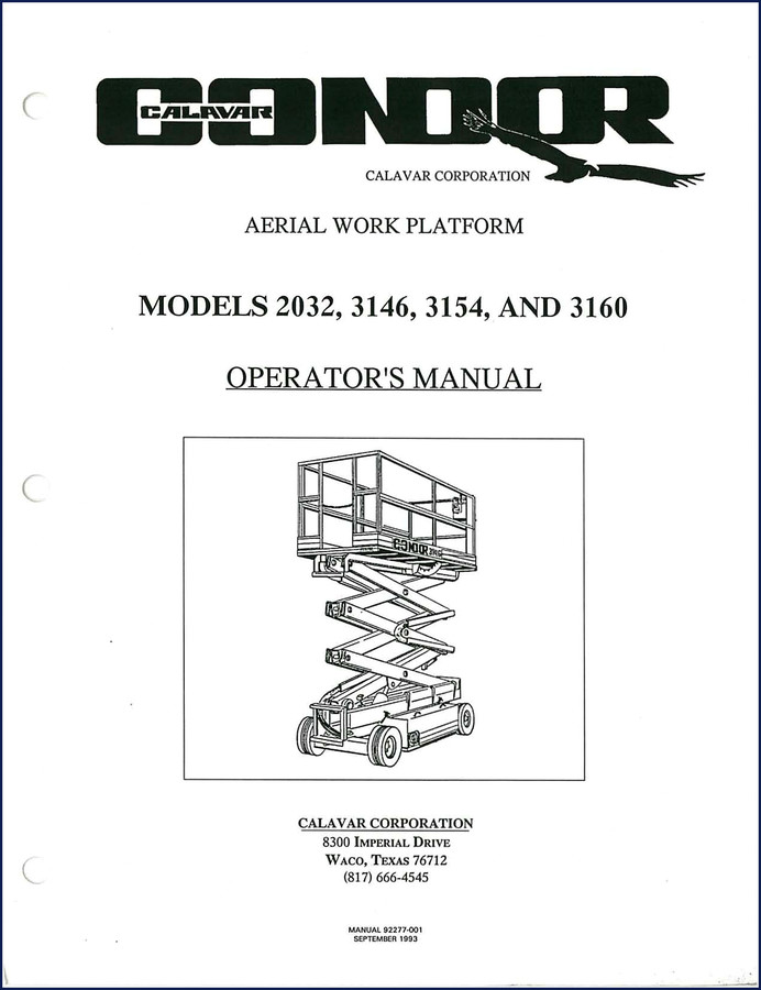 Calavar 2032, 3146, 3154, 3160 1993 Operators Manual cover showing aerial work platform