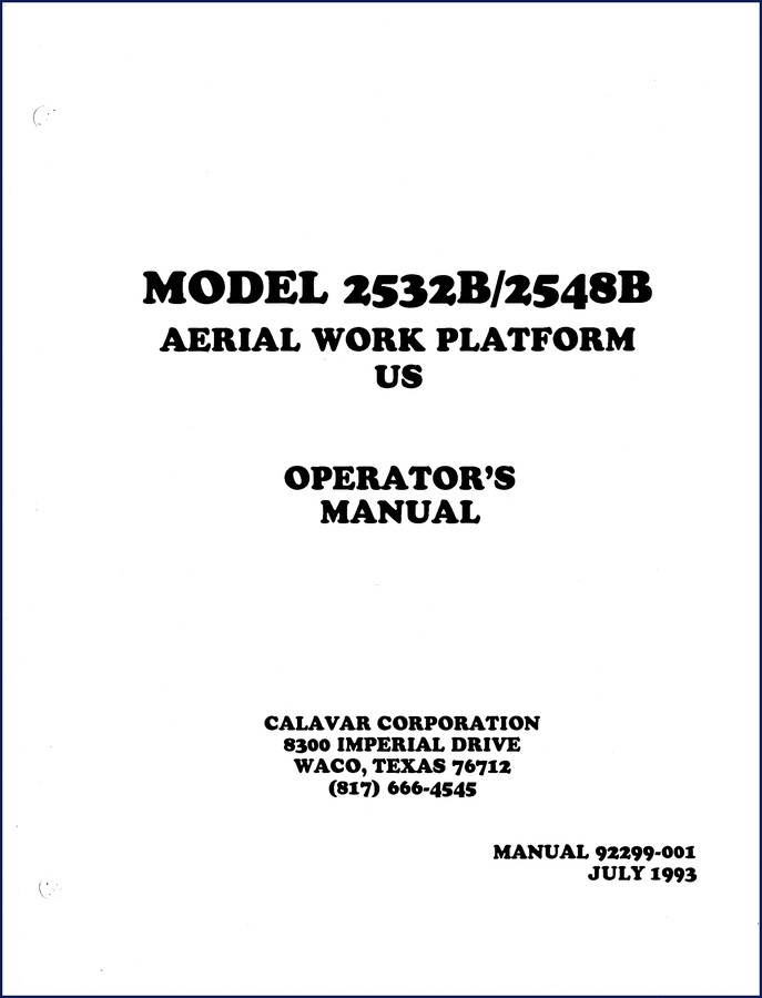 Calavar 2532B 2548B 1993 Operators Manual cover showing aerial work platform
