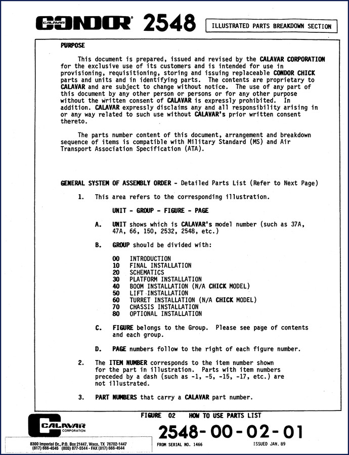 Calavar 2548 1989 Parts Catalog cover page showing Condor 2548 illustrated parts breakdown