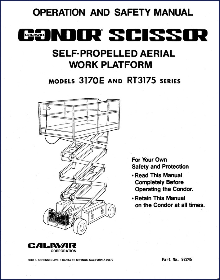 Calavar 3170E RT3175 Operators Manual cover – 108-page OEM safety and operation document for Condor scissor lifts