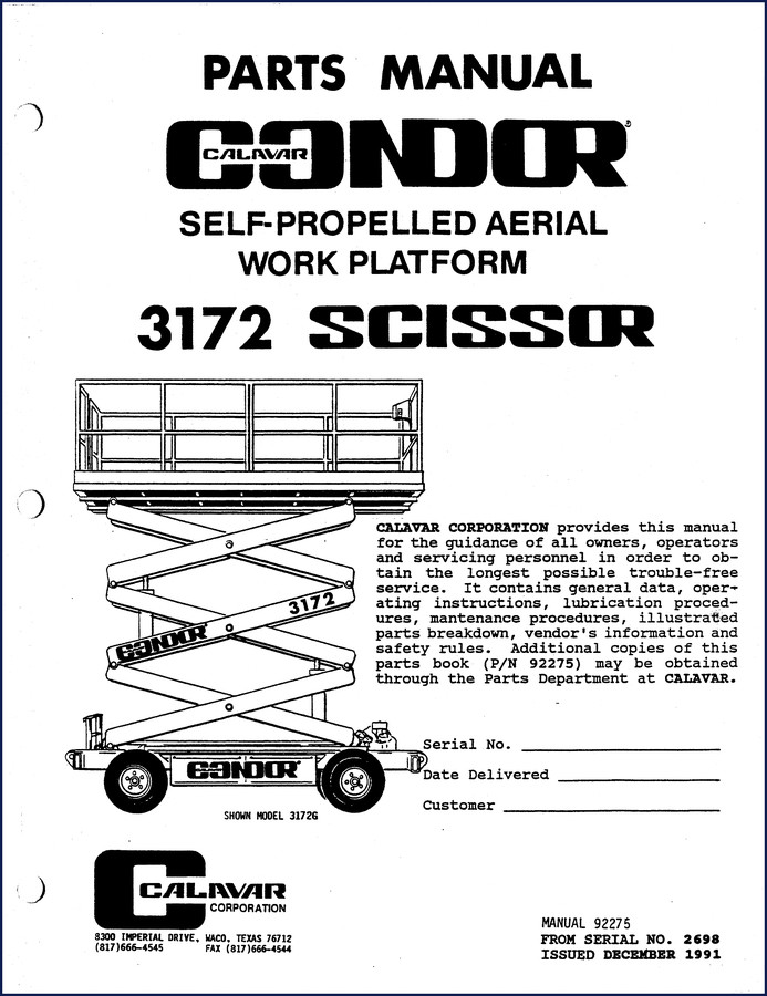 Calavar 3172 1991 Parts Catalog cover page