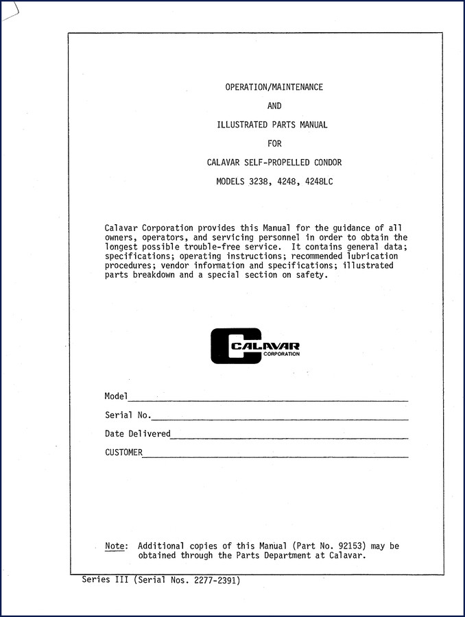 Calavar 3238 4046 4248 4248E 5056 Parts Catalog cover page - OEM factory manual