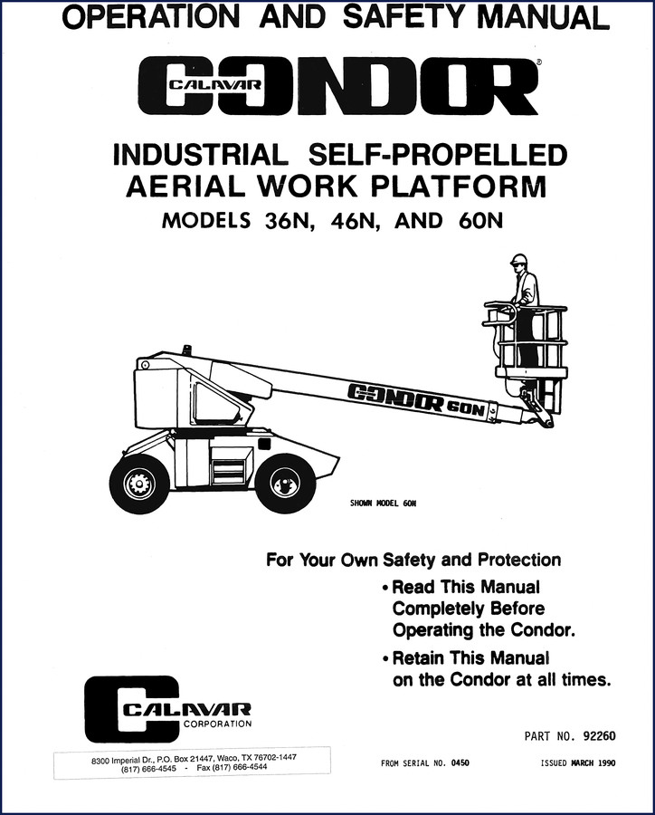 Calavar 36N, 46N, 60N 1990 Operators Manual cover - OEM factory document