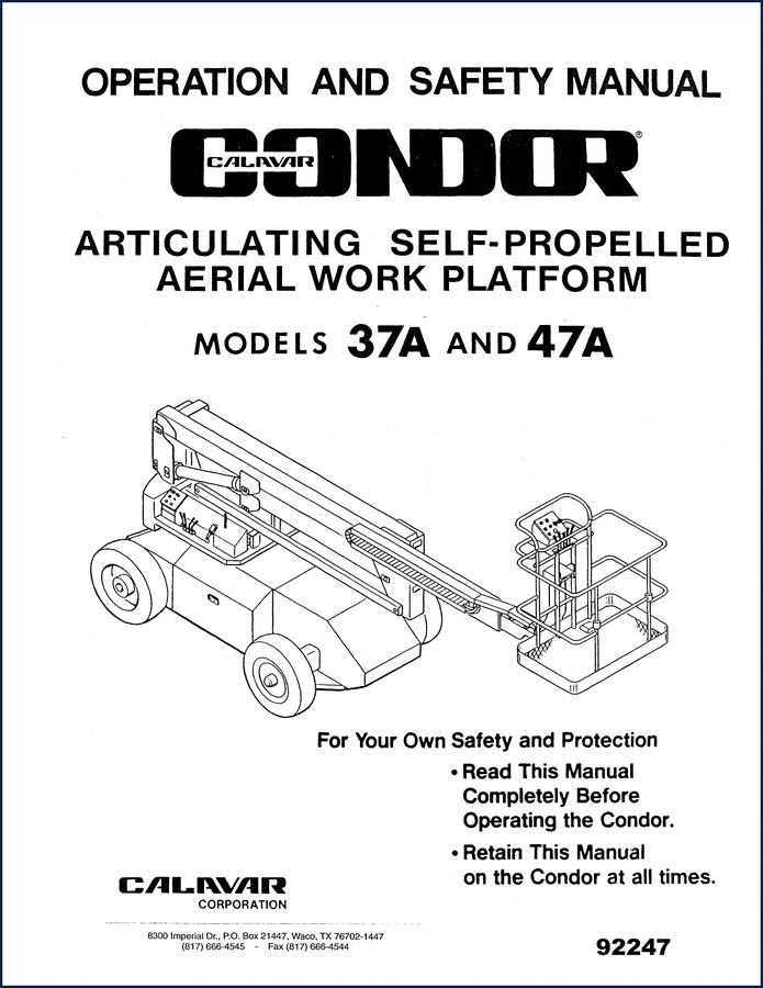 Calavar Condor 37A and 47A Operators Manual cover showing aerial work platform operation and safety manual