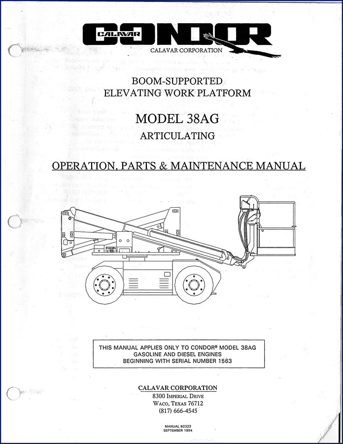 1994 Calavar Condor 38AG boom lift operation maintenance and service manual cover