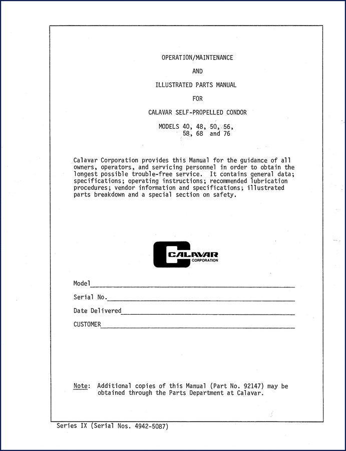 Calavar 40-58 Condor Service Manual cover – 528 pages OEM factory document