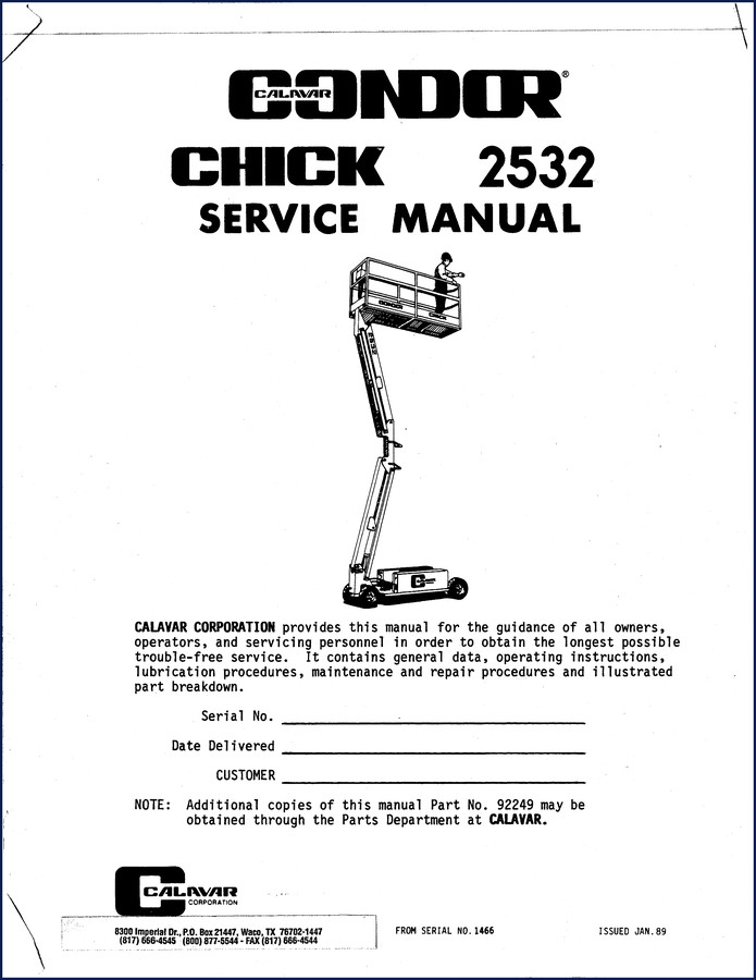 Calavar CHICK 2532 1989 Service Manual cover showing factory documentation with boom lift diagram