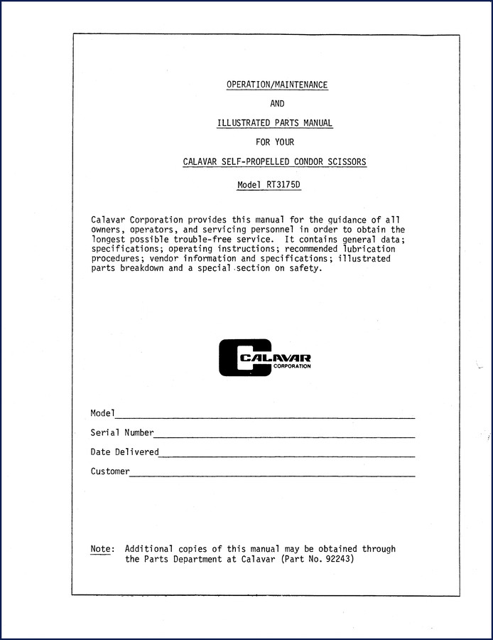 Calavar RT3175D operation maintenance and parts manual cover showing the self-propelled scissor lift