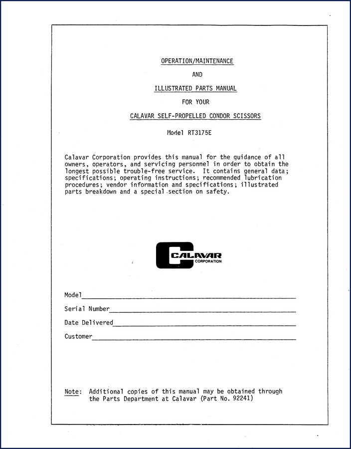 Calavar RT3175E self-propelled scissor service manual cover page, OEM factory document