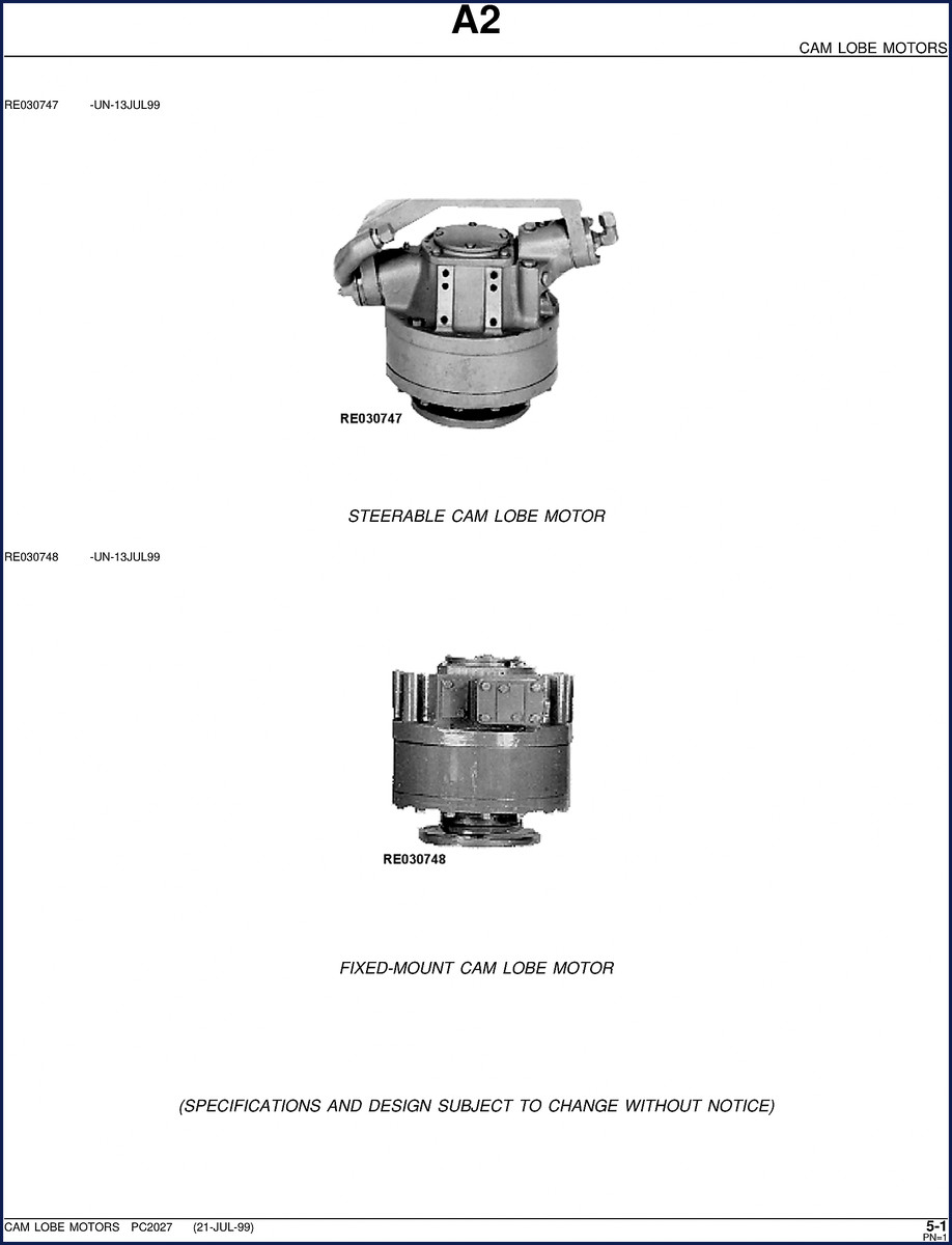 1999 CAM LOBE RE030747 RE030748 Parts Catalog cover showing steerable and fixed-mount motor illustrations