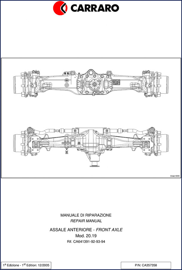 Carraro 20.19 front axle repair manual cover, 2005 edition, 140 pages, OEM factory documentation