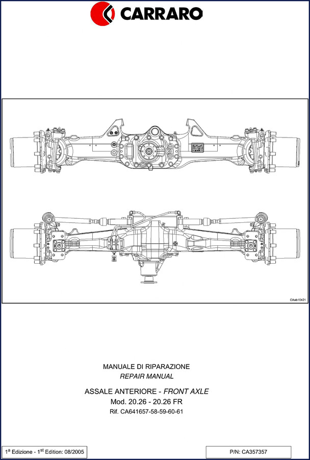 Carraro 20.26, 20.26 FR 2005 Repair Manual cover showing front axle assembly diagram