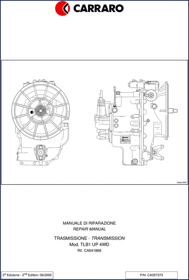 Carraro TLB1 UP 4WD 2005 Repair Manual cover showing transmission model