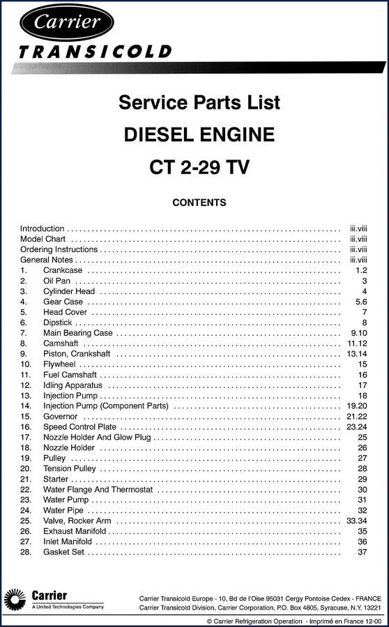Carrier CT 2-29 TV 2000 Parts Catalog cover – OEM diesel engine parts diagram
