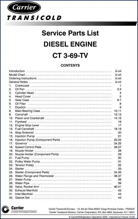 Carrier CT3-69-TV 2000 Parts Catalog cover page showing diesel engine parts list document