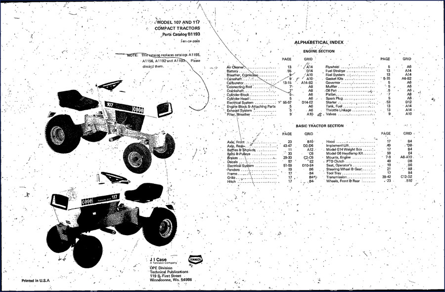Case 107 and 117 Compact Tractor Parts Catalog cover – OEM factory documentation with exploded diagrams