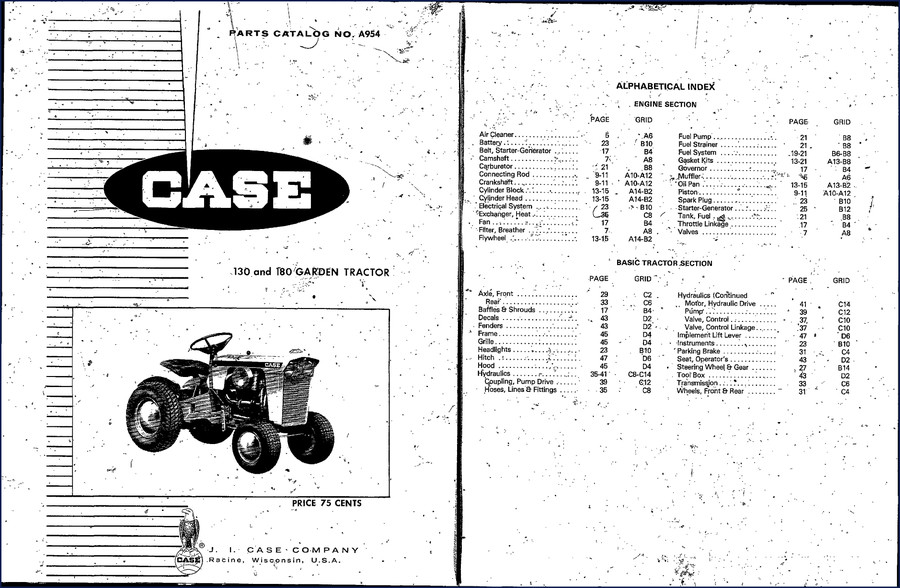 Case 180 garden tractor parts catalog cover showing tractor and part numbers