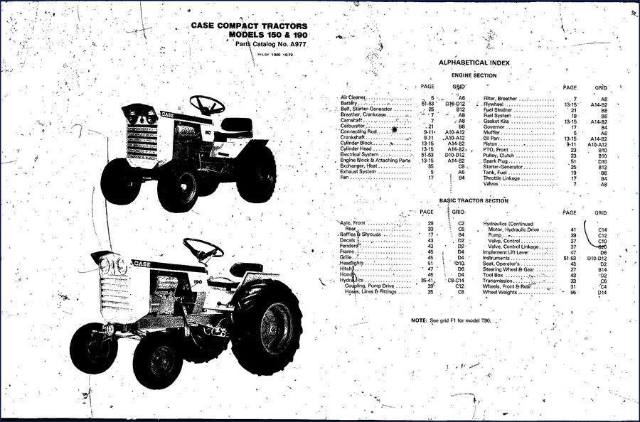 Case 150 and 190 1972 OEM Parts Catalog cover with exploded engine diagram
