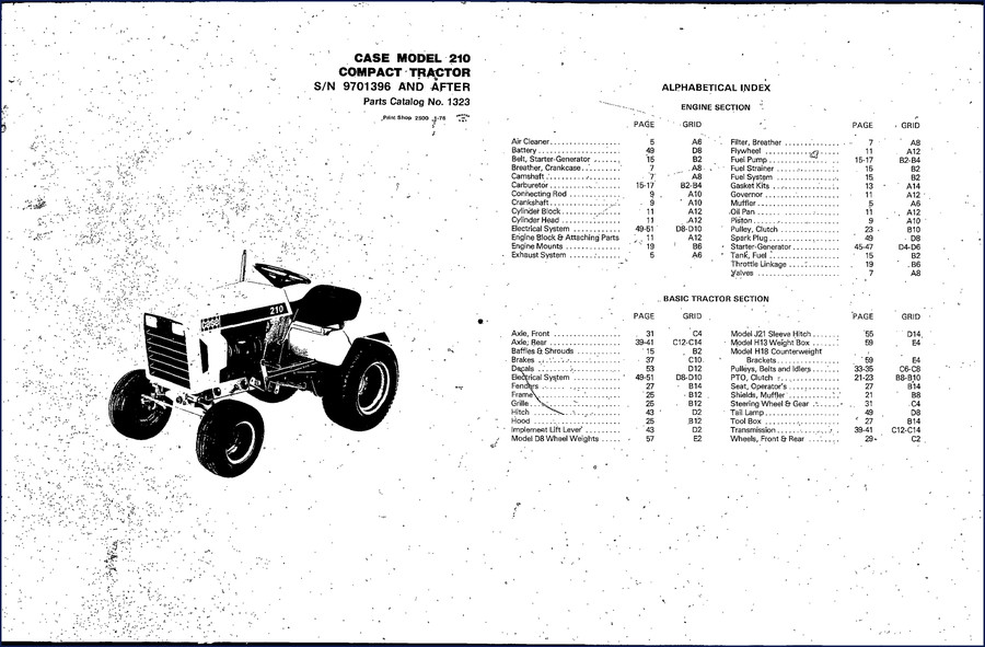 1976 Case 210 Parts Catalog cover showing compact tractor model and Kohler engine details
