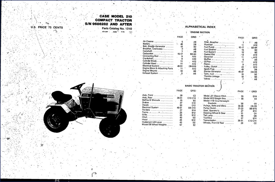 Cover of Case 210 1975 Parts Catalog showing compact tractor diagram