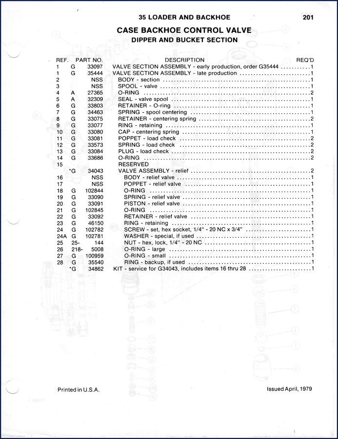 Case 35 Loader and Backhoe 1979 Parts Catalog cover page showing backhoe control valve diagram