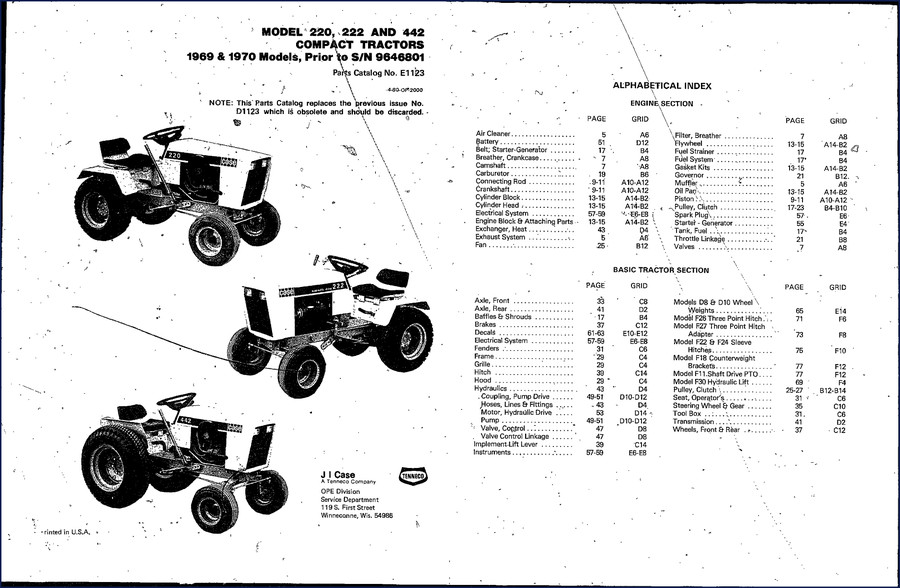 Case 220, 222, 442 factory parts catalog cover for 1969-1970 models