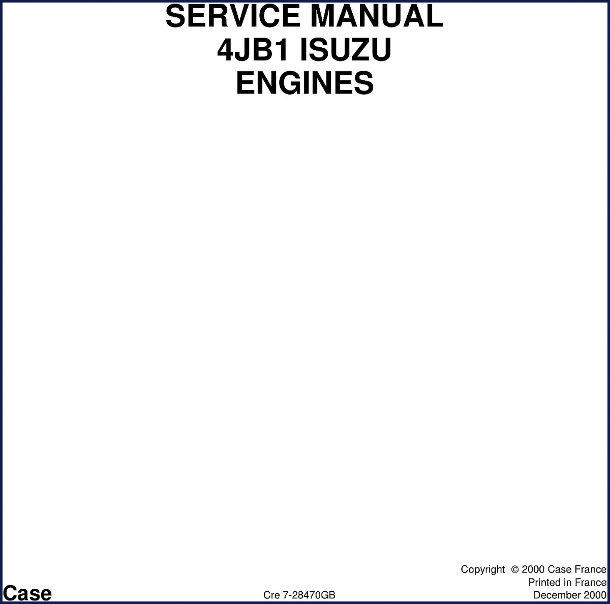 Case 4JB1 2000 Service Manual front cover showing Isuzu 4JB1 diesel engine specifications and Case logo
