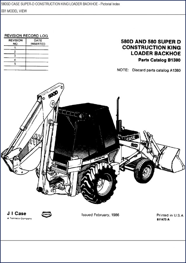Case 580D and 580 Super D 1986 factory parts catalog cover showing Construction King loader backhoe pictorial index