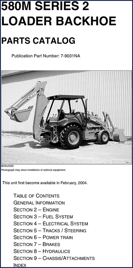 Case 580M Parts Catalog cover - factory OEM document for 580M loader backhoe, 2004