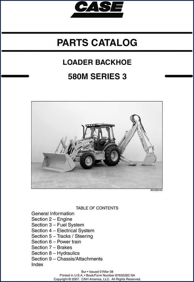 2008 Case 580M Series 3 Parts Catalog cover page showing loader backhoe illustration and OEM document details