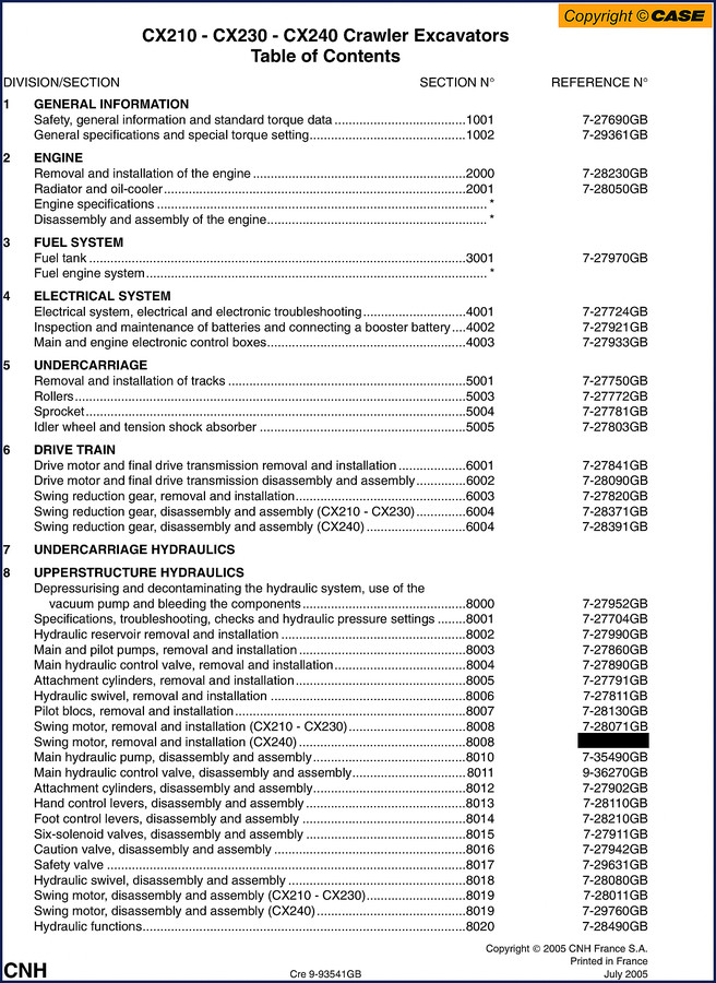 2005 Case CX240 crawler excavator service manual front cover