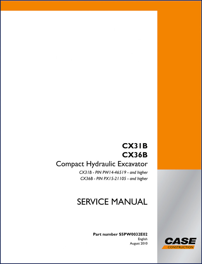 Cover of Case CX31B CX36B 2010 Service Manual showing compact excavator