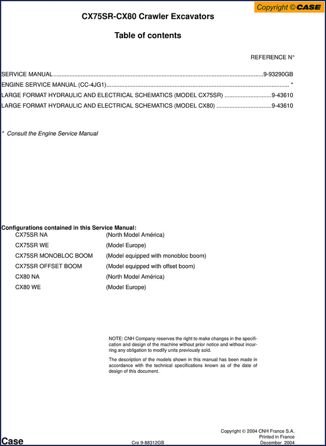 Case CX75SR CX80 2004 Service Manual cover page OEM factory manual