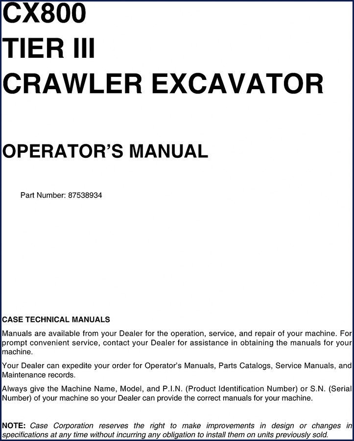 Case CX800 2006 Operators Manual cover showing Tier III crawler excavator