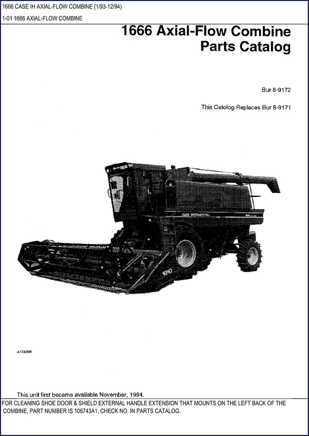 CASE IH 1666 1994 Parts Catalog cover - factory OEM parts breakdown for axial-flow combine
