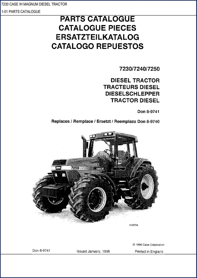 1996 CASE IH 7230 7240 7250 Magnum Tractor OEM Parts Catalog cover