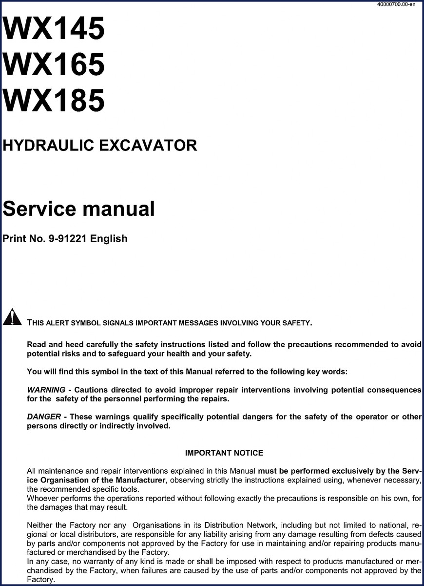 Case WX145 WX165 WX185 Service Manual cover - OEM factory print 9-91221 English