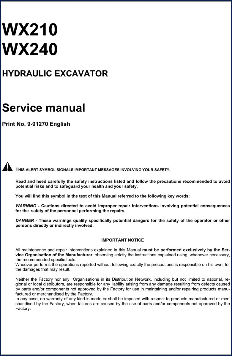 Case WX210 WX240 Service Manual cover – factory OEM hydraulic excavator service manual