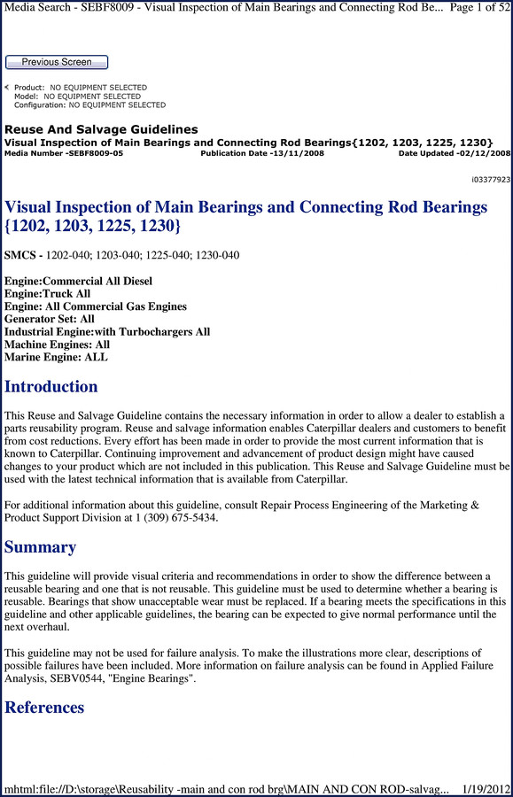 Caterpillar 1202, 1203, 1225, 1230 2008 Training Manual cover showing bearing inspection diagram
