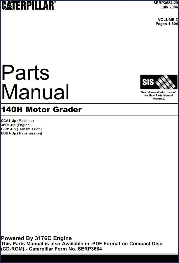 Caterpillar 140H 2006 Parts Catalog front cover – 1576 pages factory OEM manual