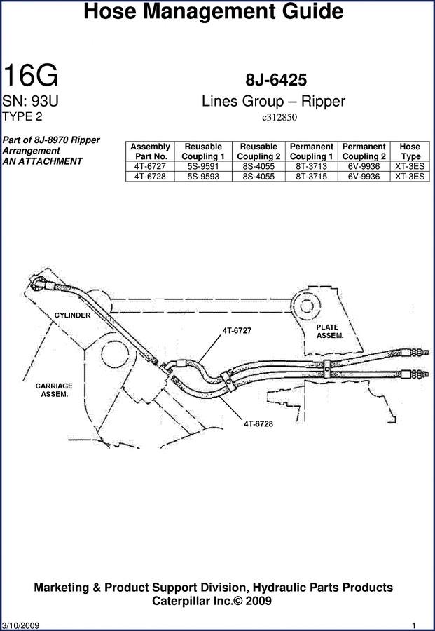 Caterpillar 16G 2009 Parts Catalog cover page showing Hose Management Guide and part numbers