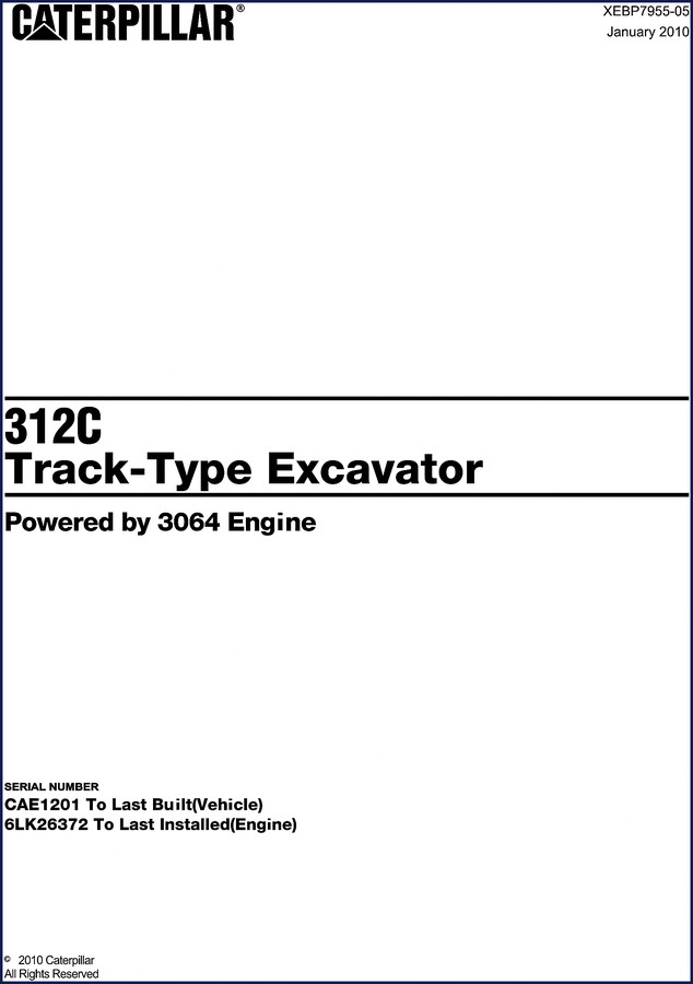 Caterpillar 312C 2010 Service Manual cover with excavator and serial number CAE1201