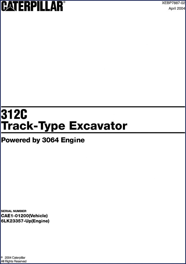 Caterpillar 312C 2004 Service Manual cover – factory OEM parts and service manual for track-type excavator