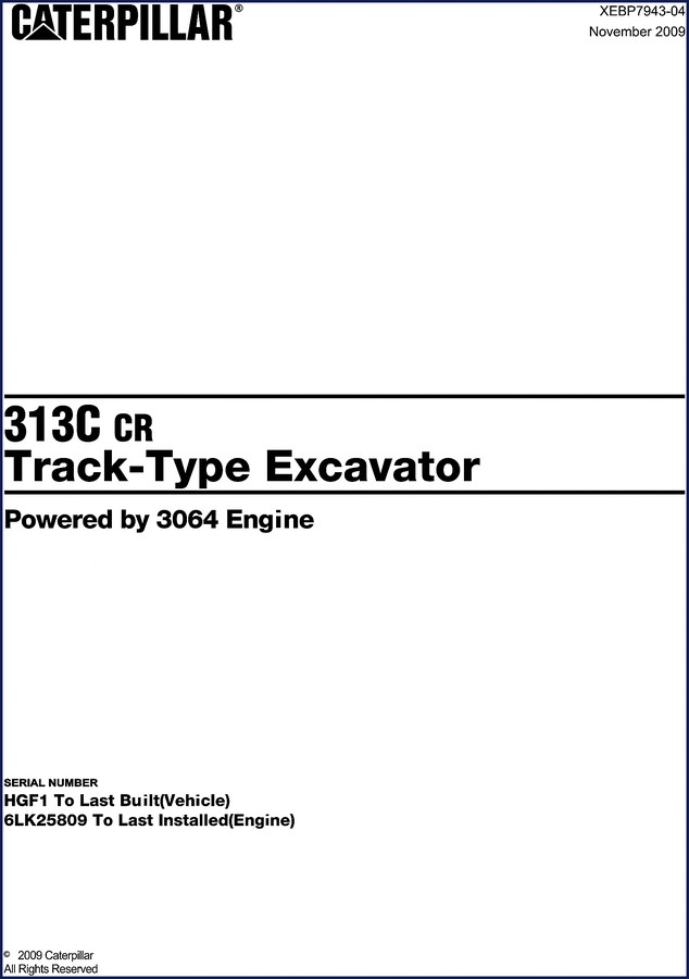 Caterpillar 313C CR 2009 Service Manual cover showing excavator and manual layout
